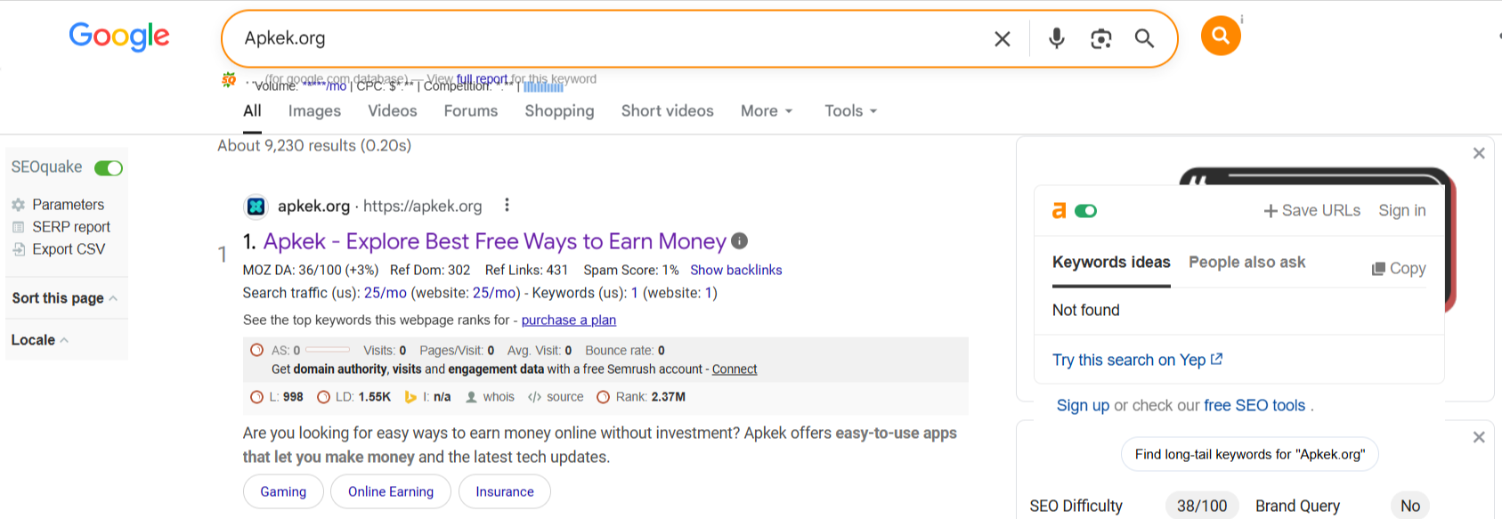 Apkek.org homepage showing app download and earning tips interface