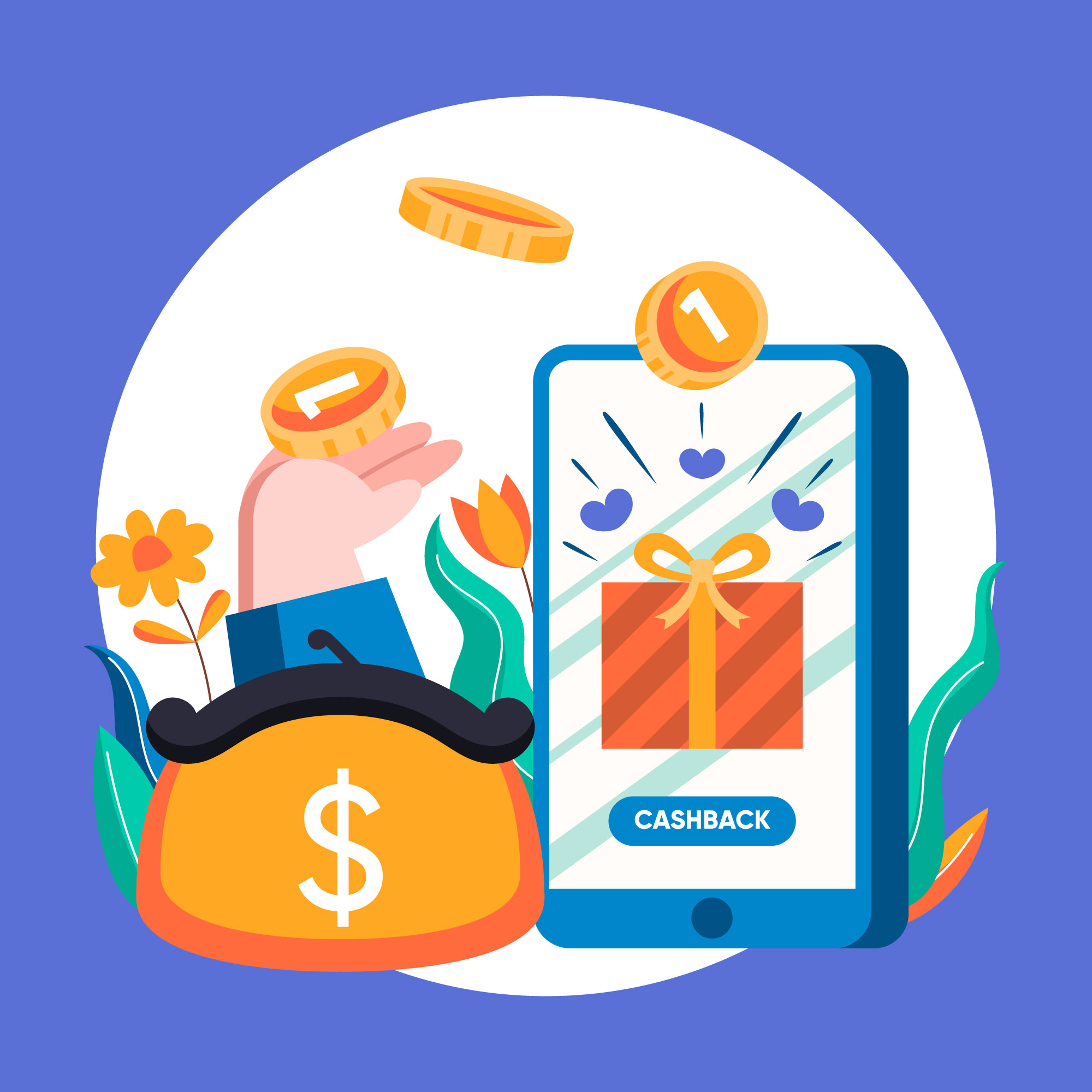 Earning apps and rewards concept illustration showing mobile cashback and referral programs